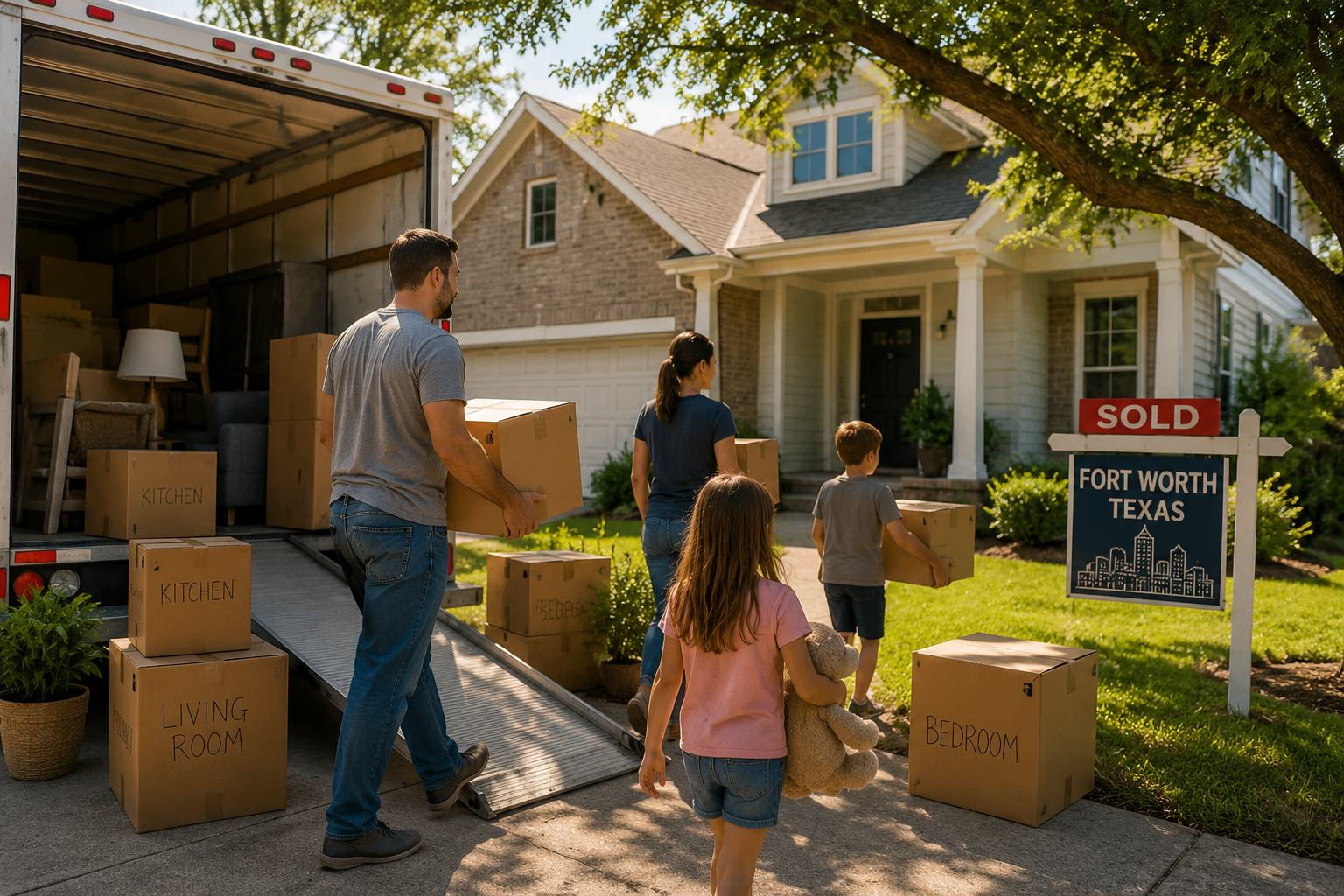 Family moving into a new home in Fort Worth, Texas with moving boxes during summer while planning a fresh start after relocation