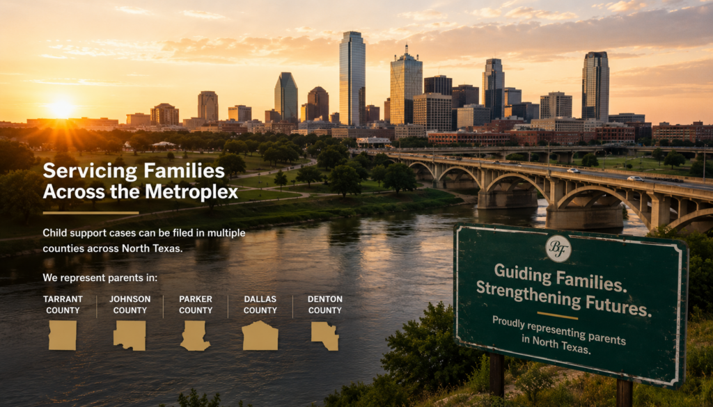Aerial view of the Fort Worth skyline and Trinity River at sunset, representing the North Texas counties where child support cases may be filed and heard under Texas family law.