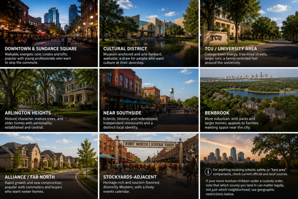Collage showcasing Fort Worth neighborhoods, including Downtown, the Cultural District, TCU, Arlington Heights, Near Southside, Benbrook, Alliance, and the Stockyards, highlighting the city's diverse communities and lifestyle options for families considering relocation.