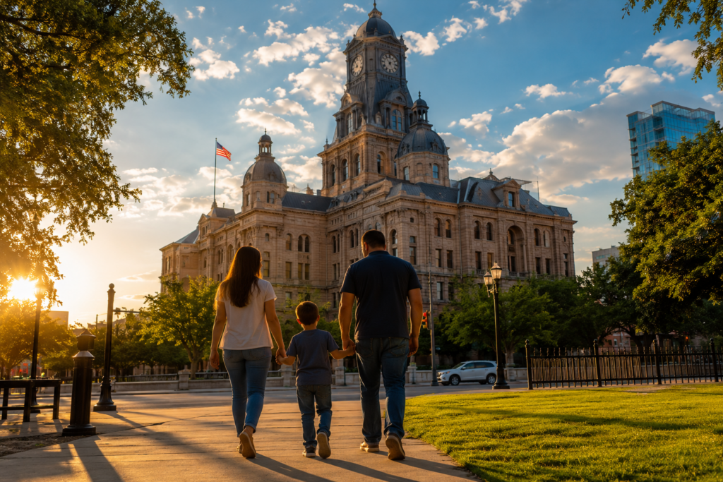 Parents and child walking together near the Tarrant County Courthouse in Fort Worth, Texas, representing parental visitation, custody, and family law.