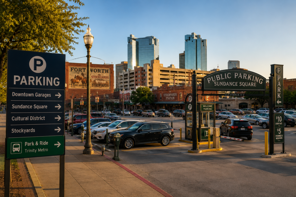 Wide-angle view of downtown Fort Worth parking options, including a public parking garage, metered street parking, and park-and-ride access on a sunny summer day.