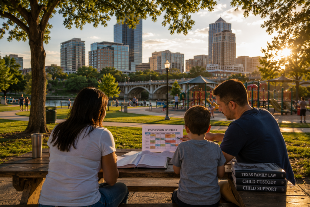 Parents reviewing a parenting schedule with their child in a Fort Worth park, illustrating the difference between possession schedules and conservatorship under Texas family law.