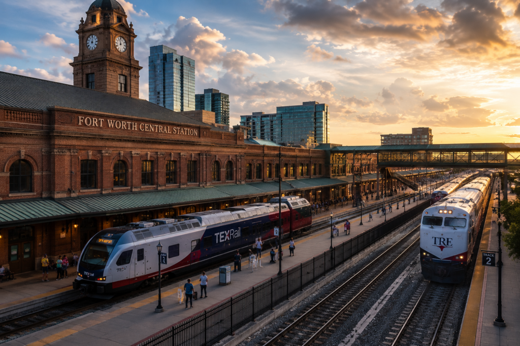 Wide-angle view of Fort Worth Central Station with TEXRail and Trinity Railway Express trains, highlighting the city's commuter rail network on a bright summer day.