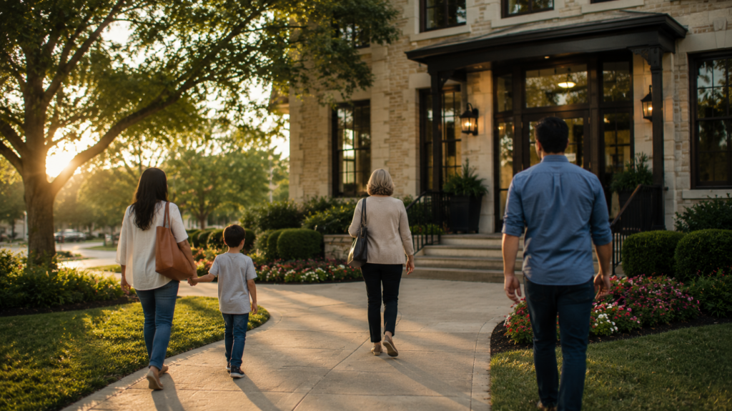 Families walking toward a welcoming legal office on a sunny summer day, symbolizing hope, guidance, and the first step toward understanding legal options under Texas family law.