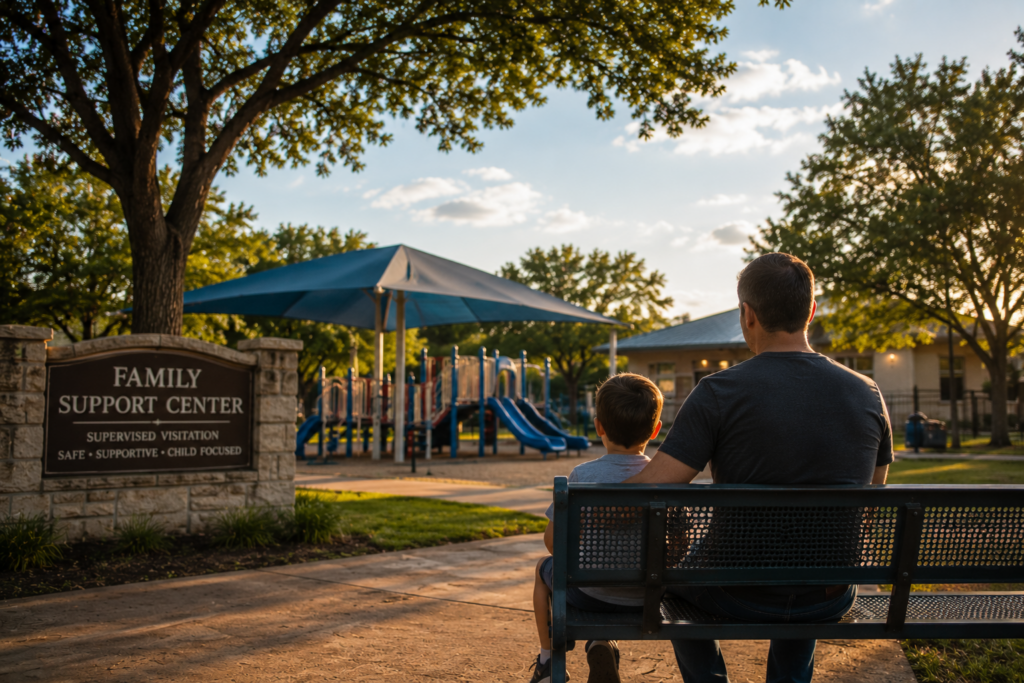 Parent and child spending supervised visitation time together at a family support center playground, illustrating safe possession and child-focused custody arrangements under Texas law.