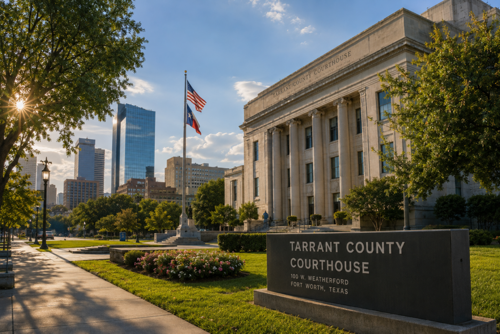 Wide-angle view of the Tarrant County Courthouse in Fort Worth, Texas, representing where divorce modification cases involving custody, visitation, child support, and enforcement are filed under the court's continuing, exclusive jurisdiction.