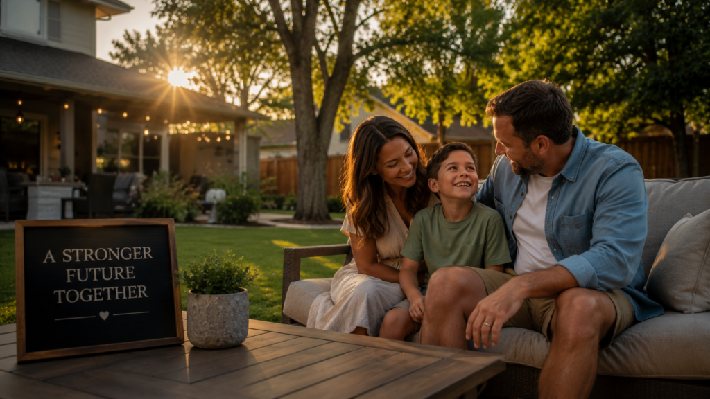 Stepparent family enjoying time together outdoors at sunset, representing the stability, permanency, and new beginnings that often follow termination of parental rights and adoption in Texas.