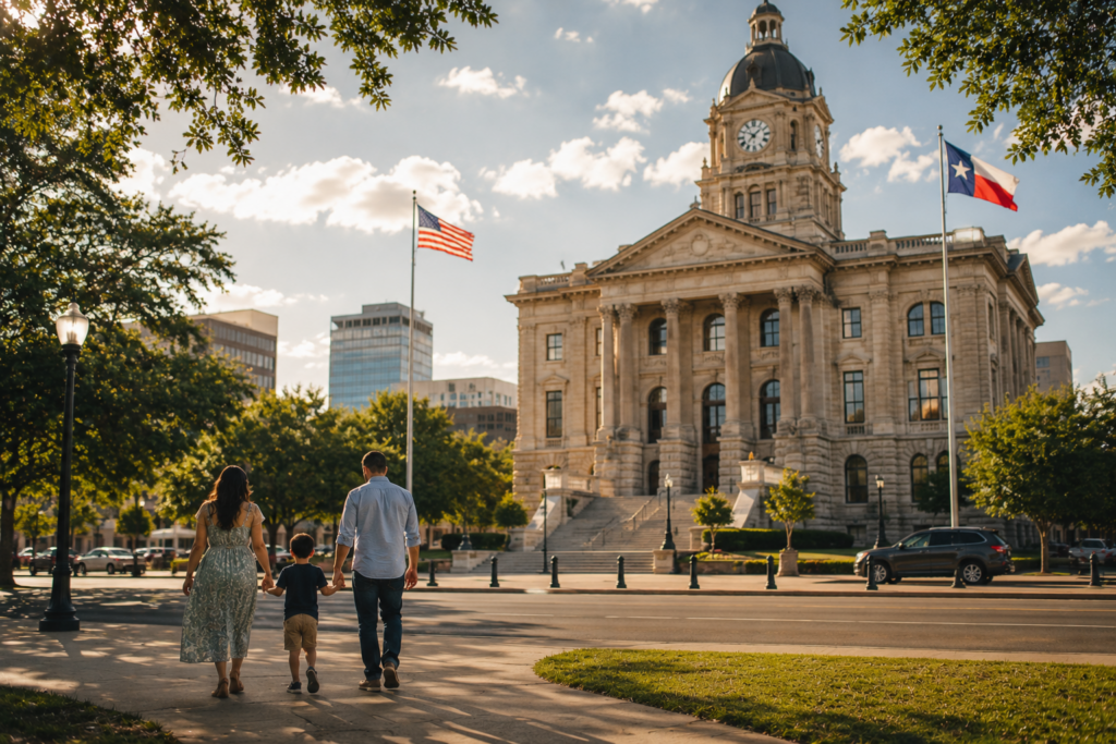Family walking toward the Tarrant County Courthouse in Fort Worth, Texas, representing termination of parental rights, adoption planning, CPS cases, and compassionate family law guidance.
