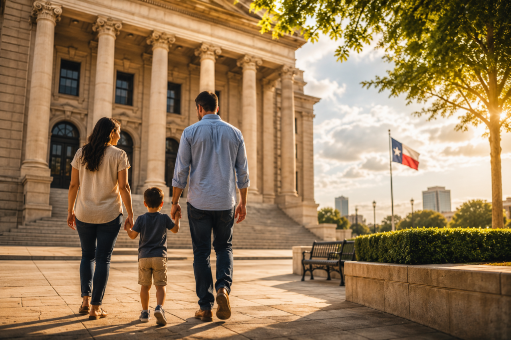 Family walking toward a Texas courthouse, representing termination of parental rights, child custody, adoption, and compassionate family law guidance in Fort Worth, Texas.