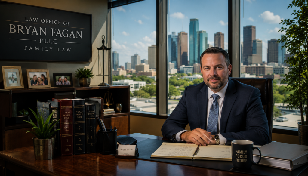 Bryan Fagan in his Houston Heights law office discussing termination of parental rights in Texas family law cases.