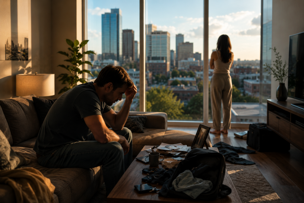 Couple living together in emotional tension inside a Fort Worth apartment, illustrating how continued cohabitation can affect eligibility for an annulment under Texas law.