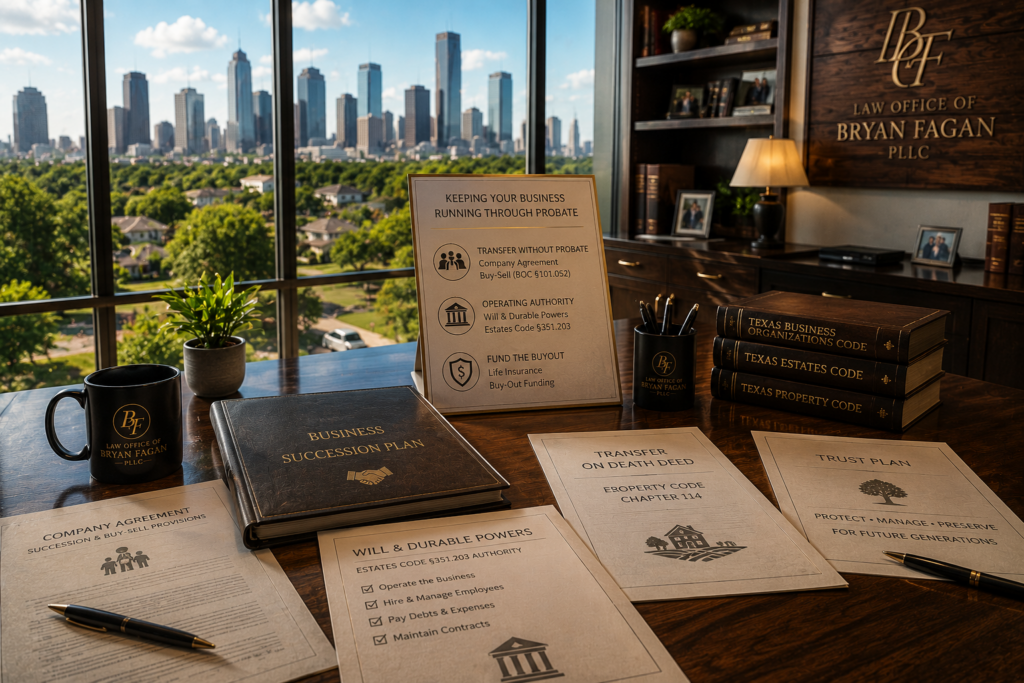 Business succession planning documents on a law office desk overlooking the Houston skyline, illustrating strategies to keep a family-owned business operating through probate in Texas.