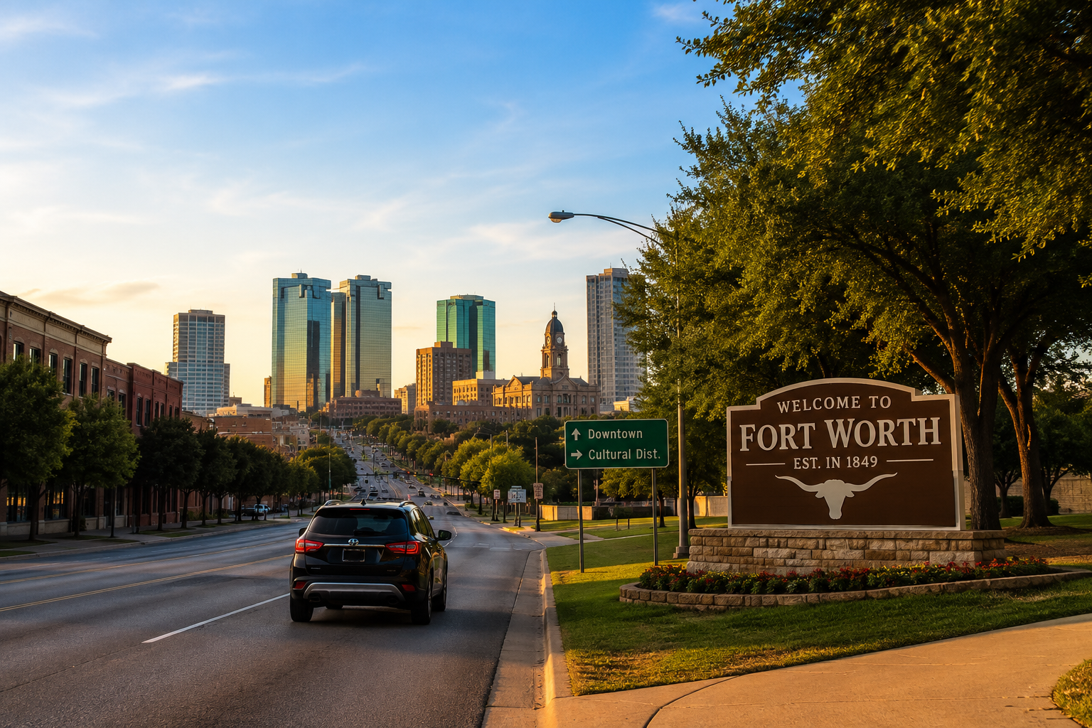 Wide-angle view of downtown Fort Worth, Texas with a family vehicle driving toward the skyline during summer, representing transportation and family relocation.