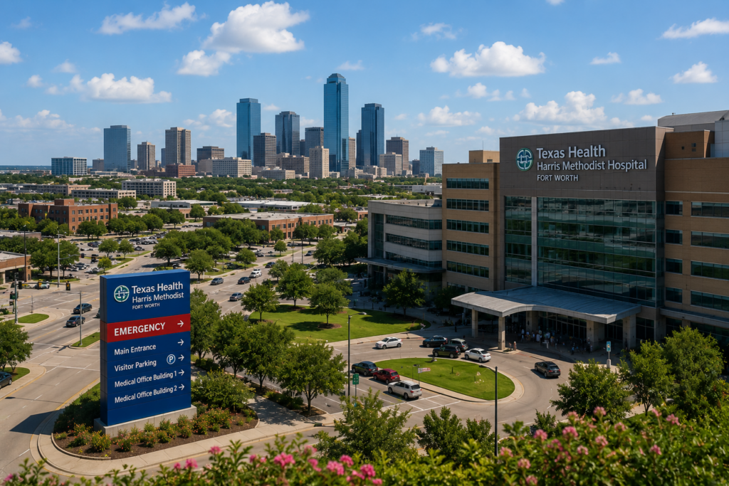 Wide-angle view of a modern Fort Worth medical campus with hospitals, emergency care, and healthcare facilities serving families across Tarrant County
