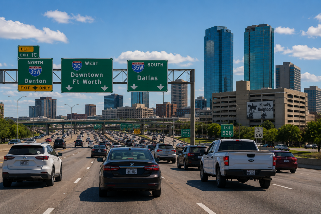 Wide-angle view of traffic on Interstate 35W and Interstate 30 in Fort Worth, Texas, illustrating typical commute conditions on a sunny summer day with the downtown skyline in the background.