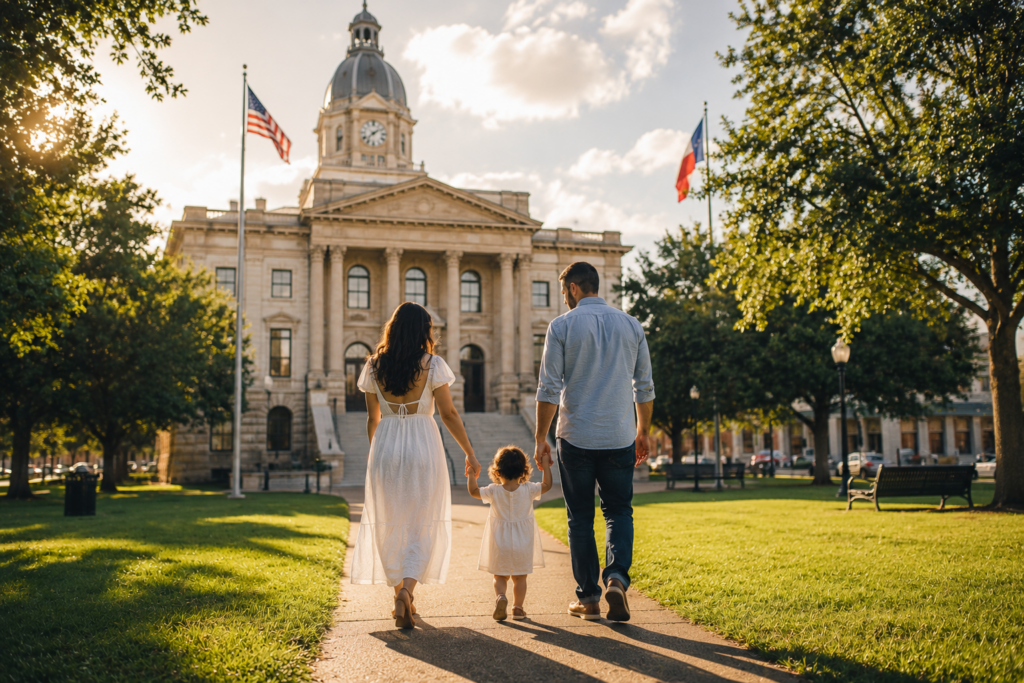 Family walking hand in hand toward a Texas courthouse at sunset, symbolizing voluntary relinquishment of parental rights, stepparent adoption, and compassionate legal guidance for families in Fort Worth, Texas.