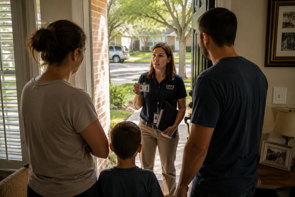 Child Protective Services investigator speaking with parents and their child at the front door of a Texas home during a CPS investigation in Fort Worth.