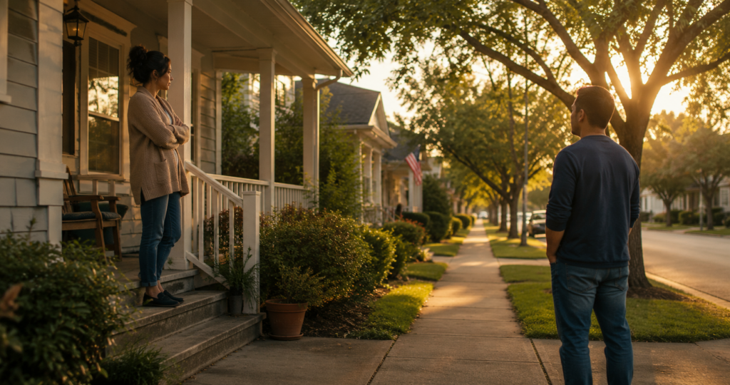 Two adults standing apart outside a suburban Texas home at sunset, representing difficult family decisions and the legal protections available under Texas family law for those experiencing family violence.