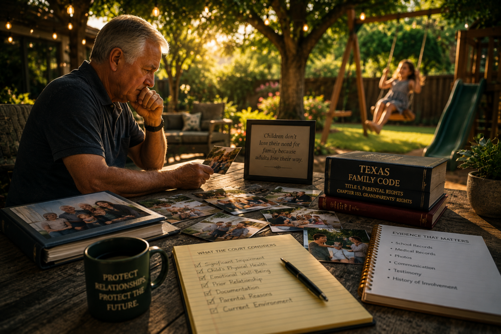 Grandfather reviewing family photos and legal documents while reflecting on his relationship with his grandchild during a Texas grandparents' rights case.