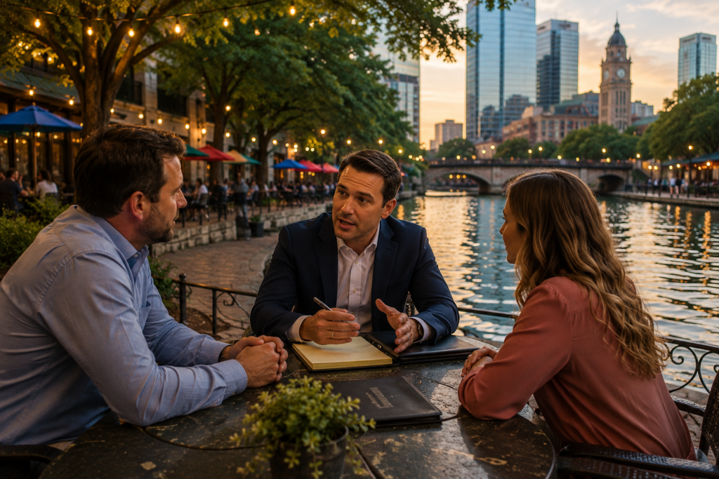 Family Law Mediation Attorneys in Fort Worth Texas meeting with a couple during a confidential outdoor mediation consultation to resolve divorce and child custody disputes peacefully.