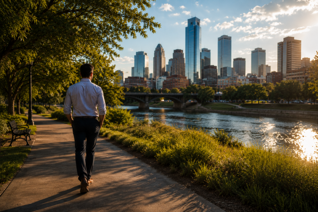 Man walking along a riverside path in Fort Worth at sunset, symbolizing moving forward after learning a divorce—not an annulment—is the appropriate legal path under Texas law.