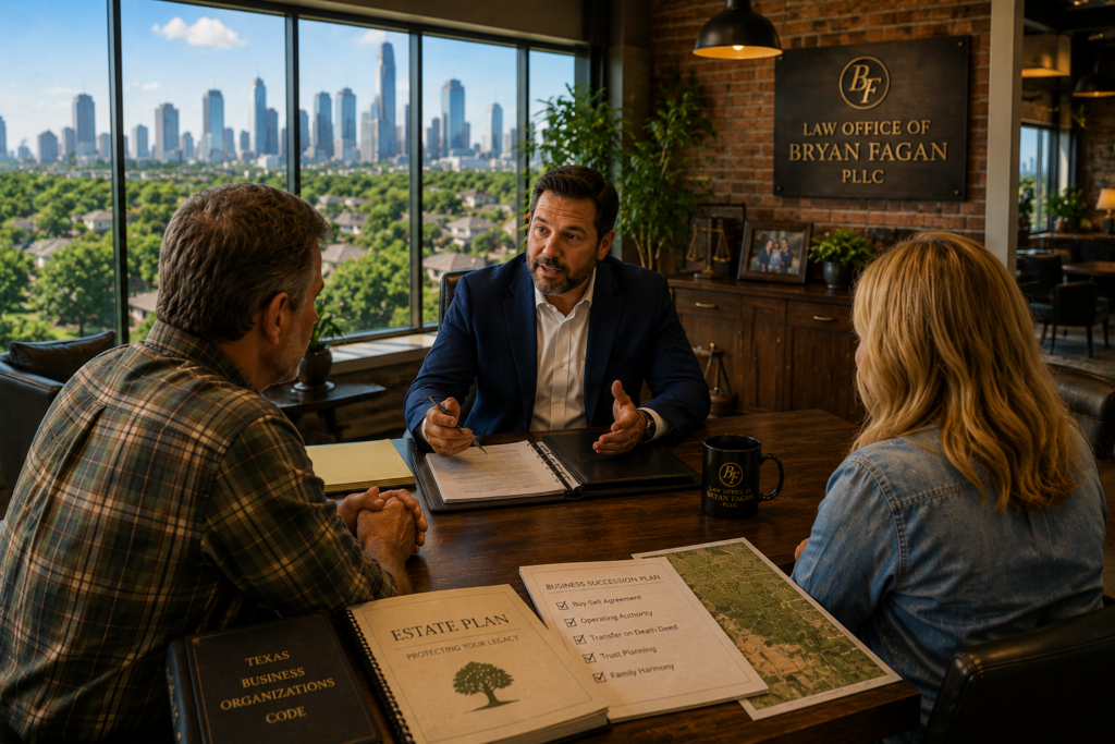 Bryan Fagan meeting with family business owners in a Houston law office to discuss business succession planning, probate, and estate strategies for protecting a family business or farm in Texas.