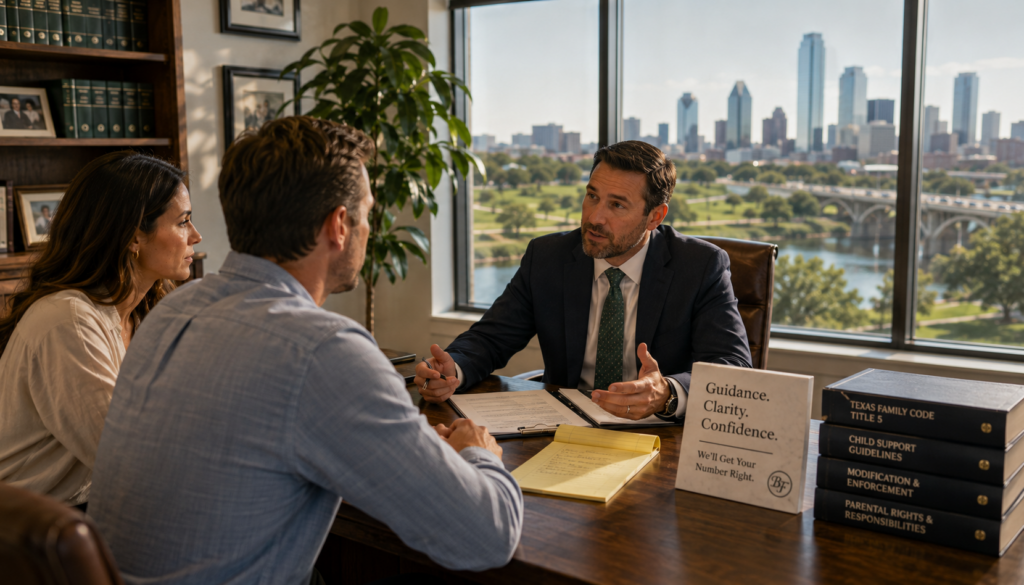 Texas family law attorney meeting with parents in a Fort Worth office to explain child support calculations, modifications, and legal options during a consultation.