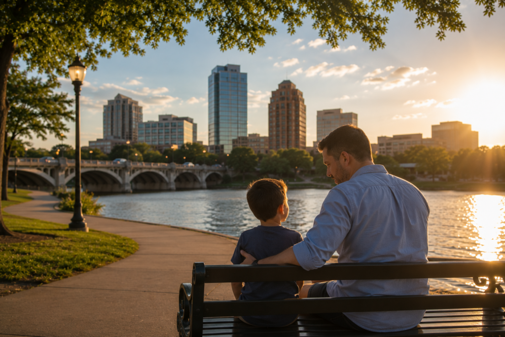 Parent reassuring their child while overlooking the Trinity River in Fort Worth, symbolizing stable parenting time, predictable possession schedules, and the importance of protecting parent-child relationships under Texas family law.