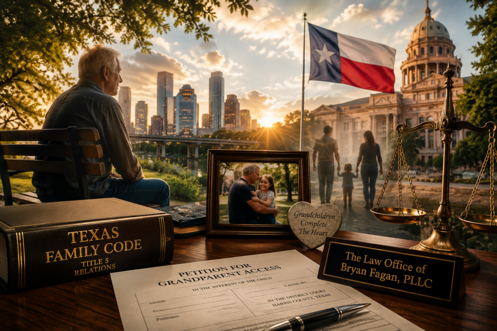 Grandfather reflecting on his relationship with his grandchild while considering his legal options for grandparent visitation rights under Texas law.