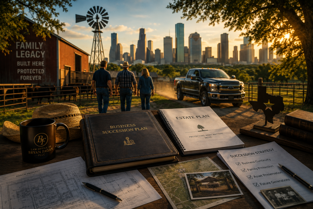 Family walking across a Texas ranch at sunset with business succession and estate planning documents in the foreground, symbolizing the transfer of a family-owned business or farm to the next generation.
