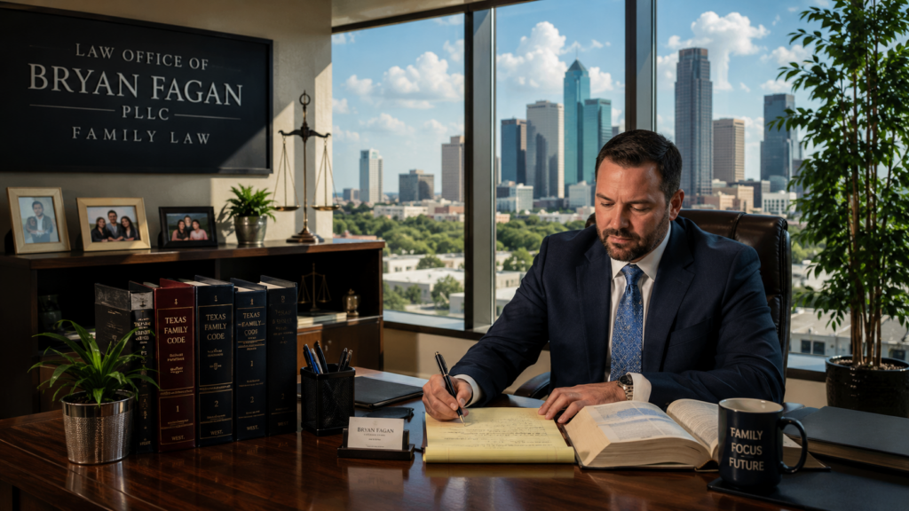 Bryan Fagan reviewing Texas Family Code provisions on termination of parental rights in his Houston Heights law office during a family law case consultation.