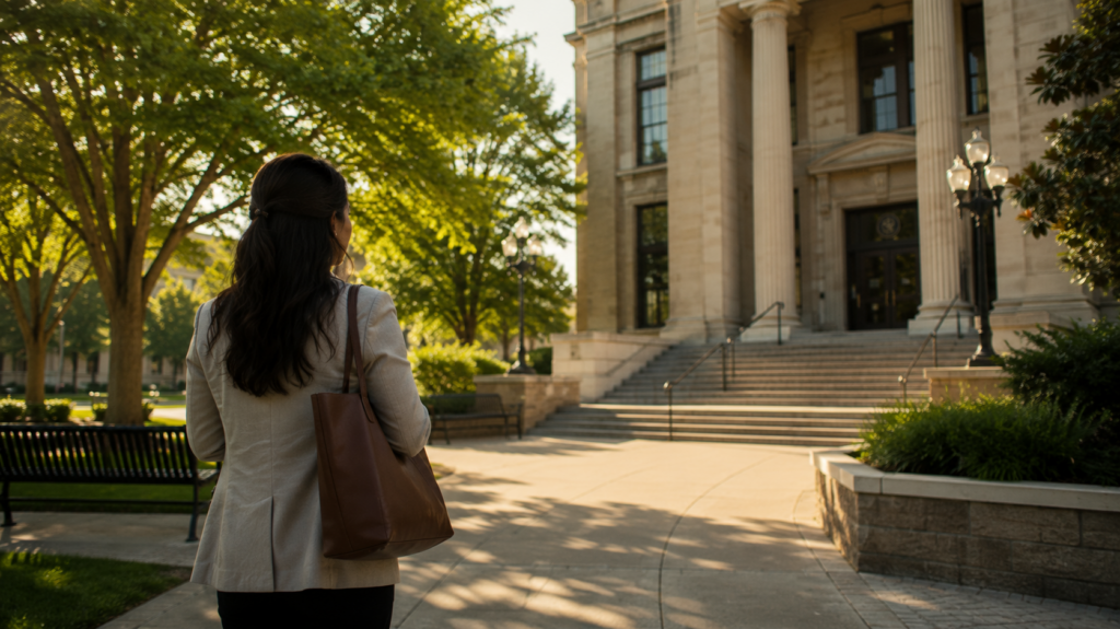 Woman walking toward a courthouse on a sunny summer day, representing the legal protection and peace of mind available through a Texas protective order.