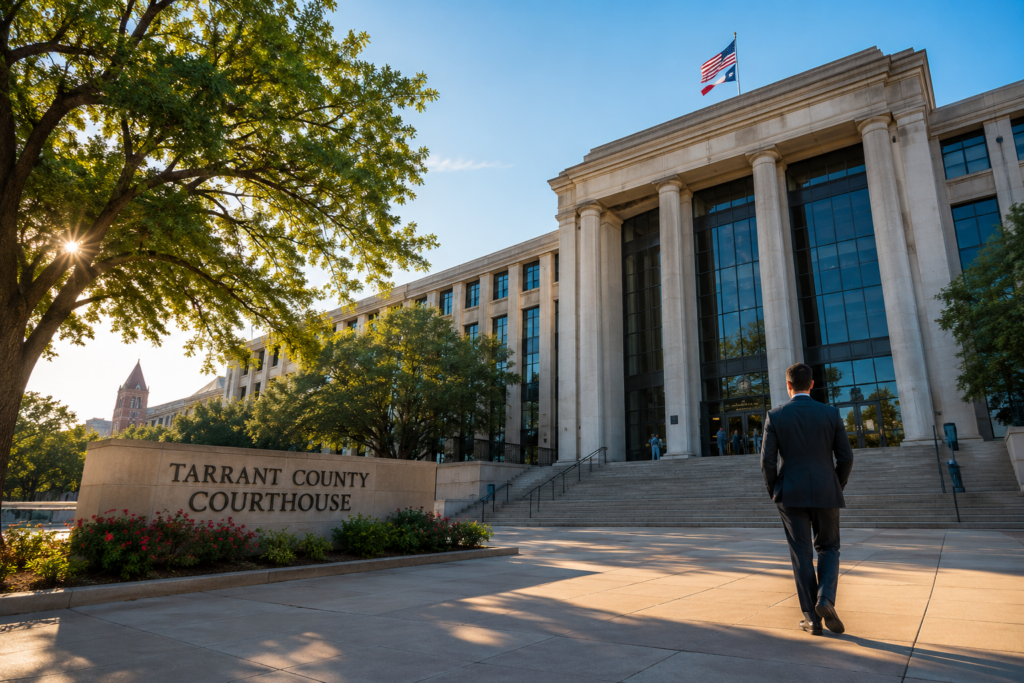 Man walking toward the Tarrant County Courthouse in Fort Worth, Texas, illustrating the legal process of seeking an annulment under Texas family law.