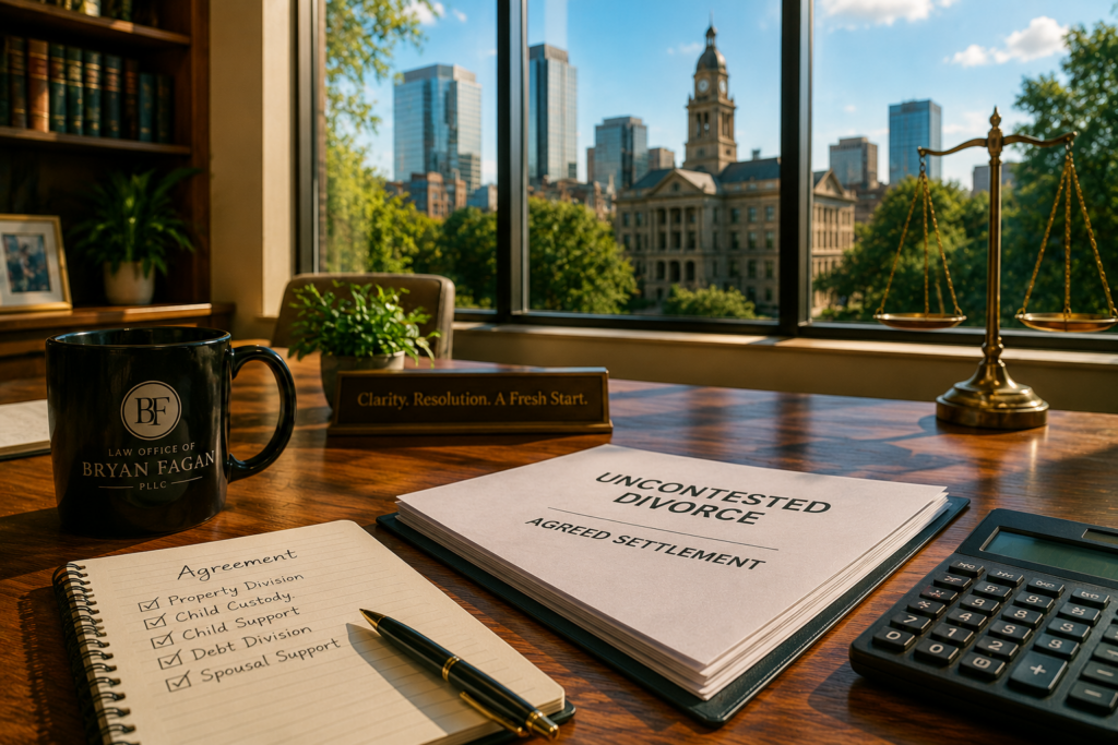 Legal documents, calculator, and agreement checklist on a desk overlooking downtown Fort Worth, representing the cost-effective planning of an uncontested divorce in Texas.