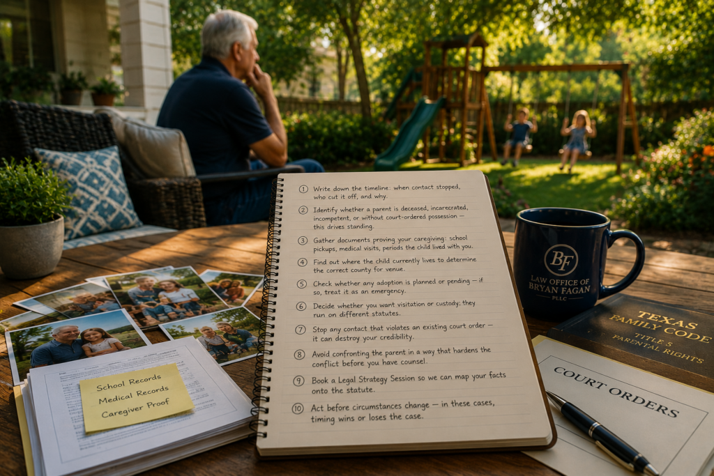 Grandfather organizing family records, photos, and legal documents while preparing a Texas grandparents' rights case to seek visitation or conservatorship.