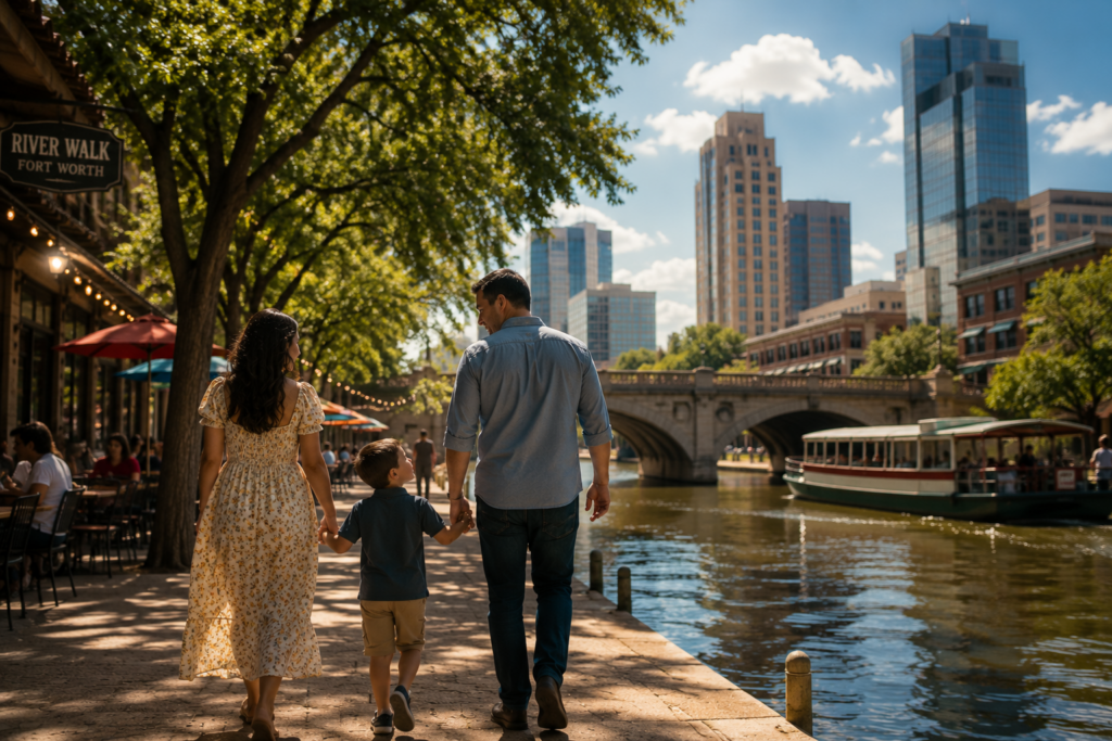 Parents walking with their child along the Fort Worth Trinity River in Texas, representing healthy co-parenting, parental visitation, and family stability after divorce.