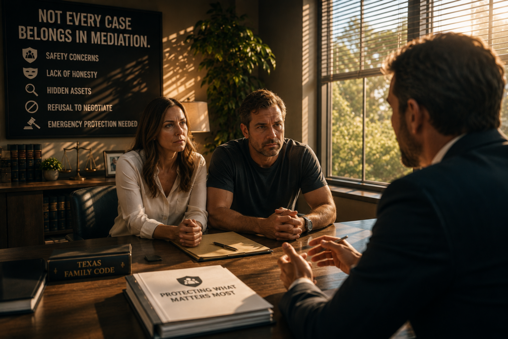 Family Law Mediation Attorneys in Fort Worth Texas advising a couple when mediation may not be appropriate because of safety concerns or complex family law issues.