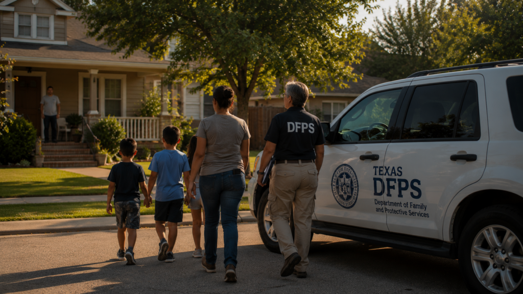 Texas DFPS caseworker meeting with a family outside a home during a CPS investigation, illustrating state-initiated termination of parental rights proceedings in Texas.