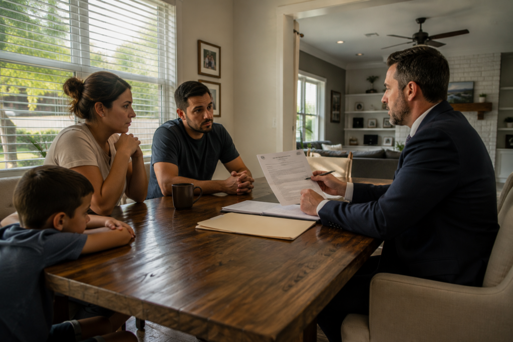 Texas family meeting with an experienced CPS defense attorney to understand their parental rights and legal options during a Child Protective Services case.