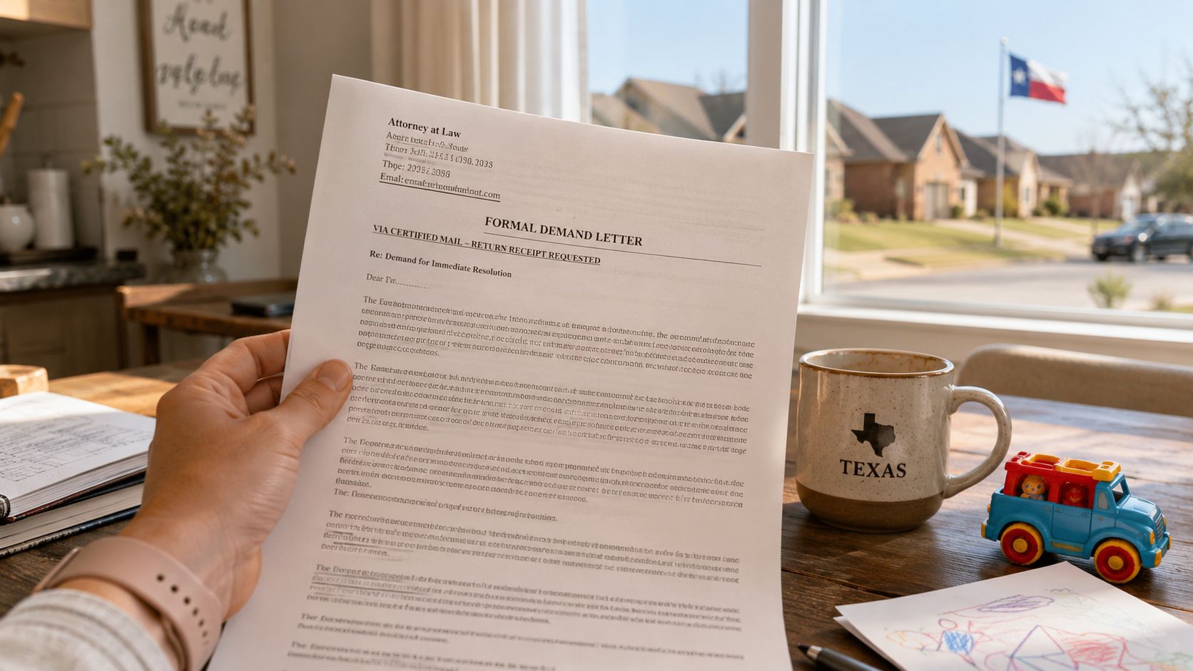 A person holds a formal attorney demand letter while sitting at a table with a Texas mug.