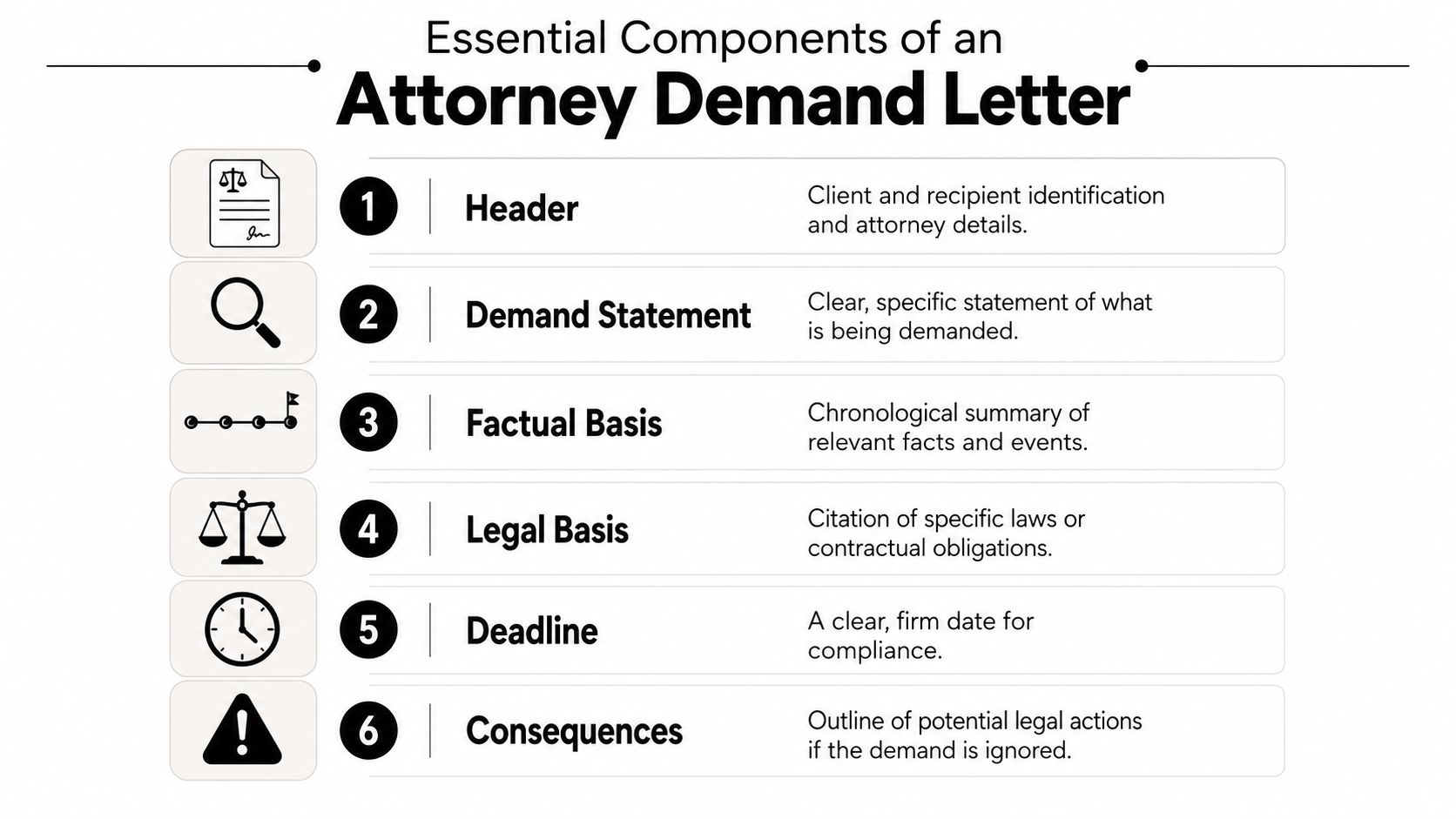 An infographic showing the six essential components of a professional attorney demand letter on a white background.