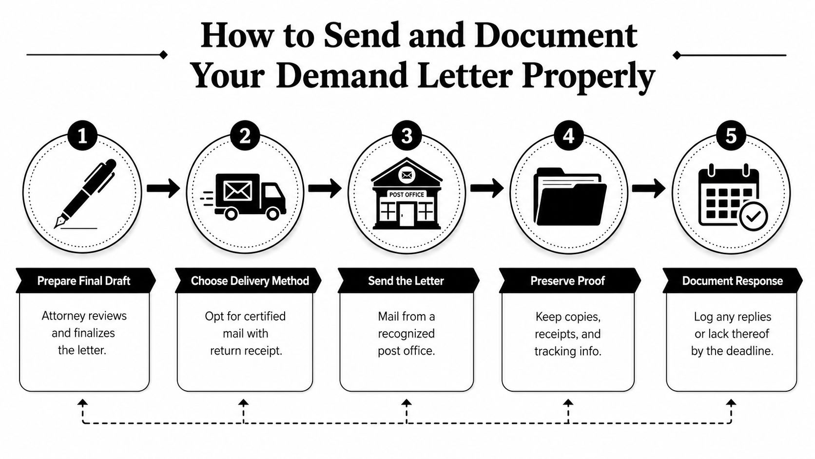 A five-step infographic showing how to properly prepare, send, and document a professional demand letter.