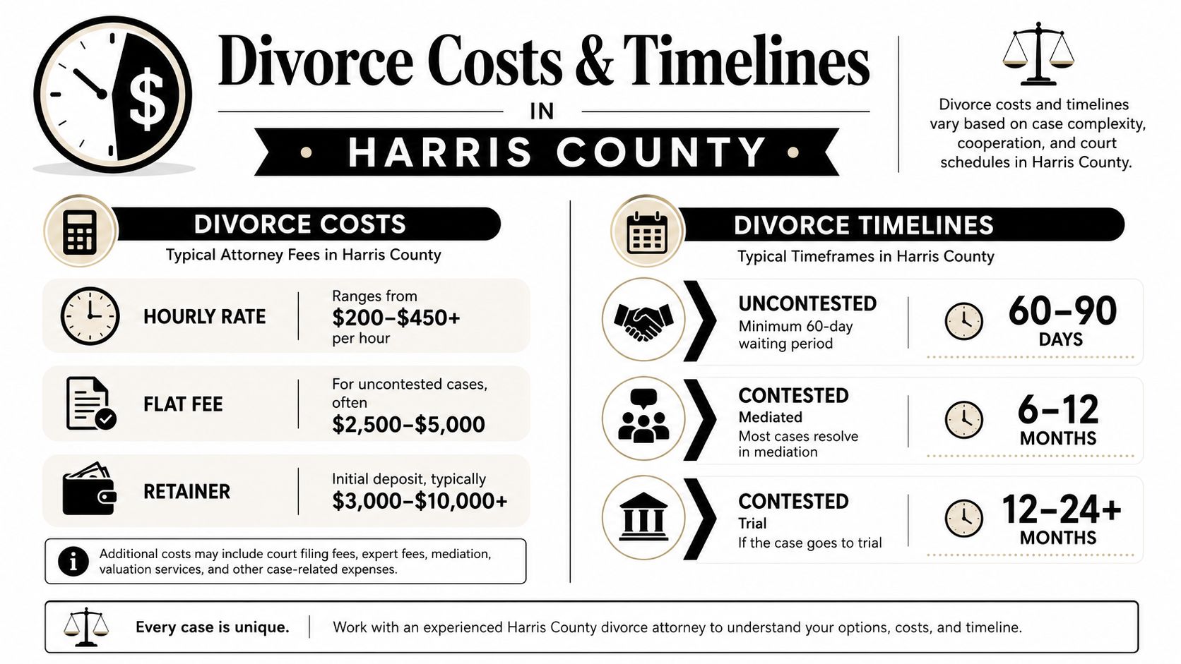 An infographic detailing typical attorney fees and divorce case timelines for Harris County, Texas legal proceedings.
