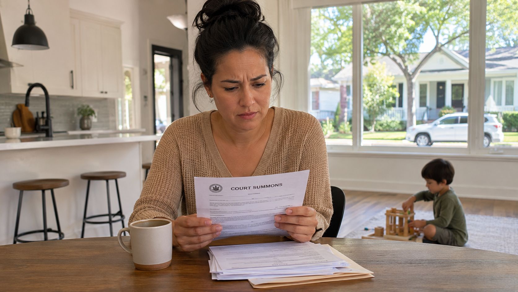 A concerned woman sits at a table reading a court summons document while a child plays nearby.