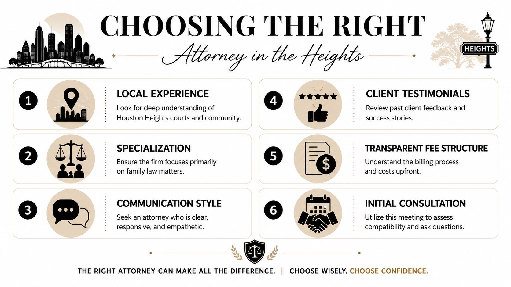 An infographic titled Choosing the Right Attorney in the Heights featuring six steps for selecting family lawyers.