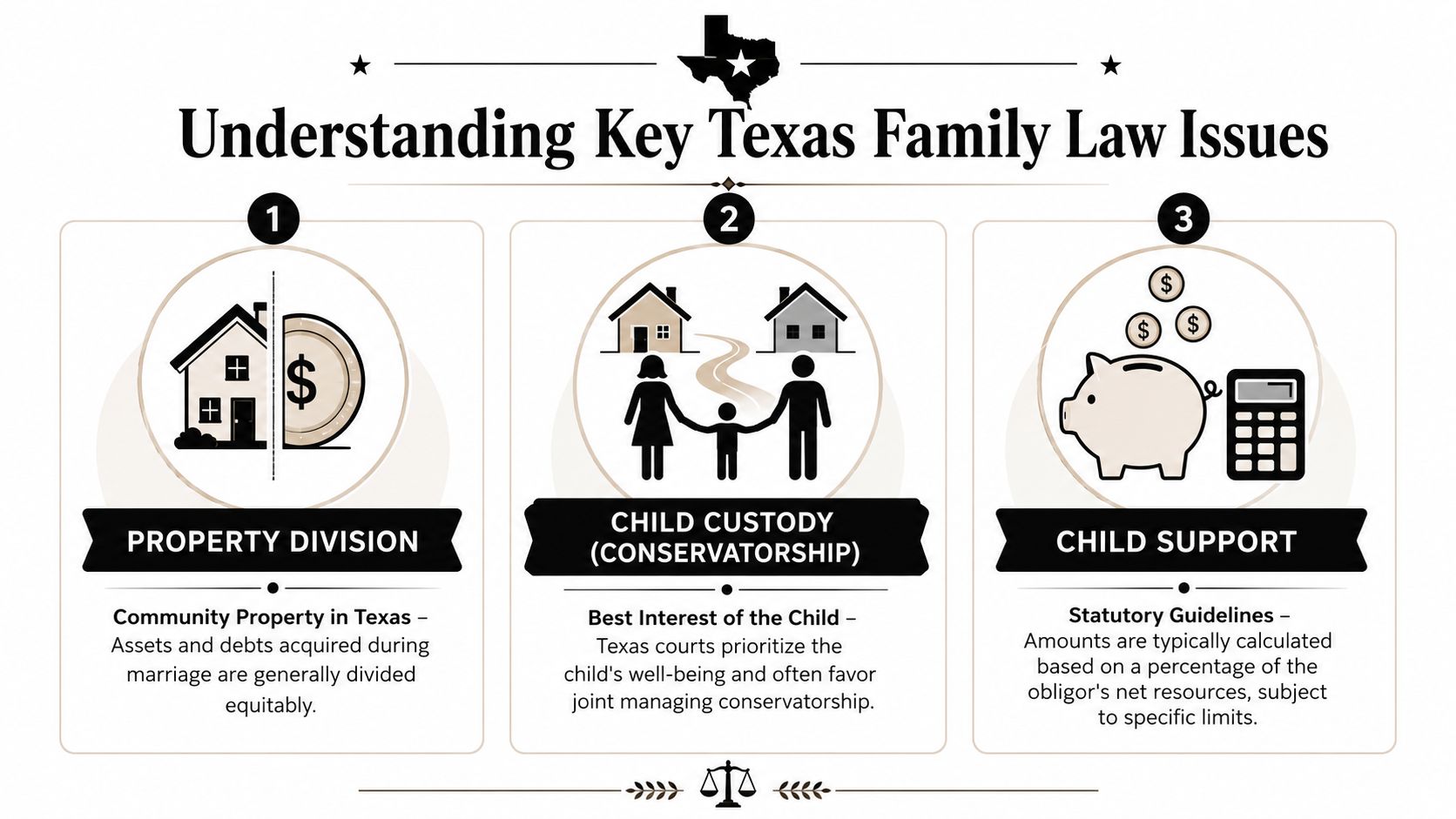 An infographic titled Understanding Key Texas Family Law Issues covering property division, child custody, and child support.