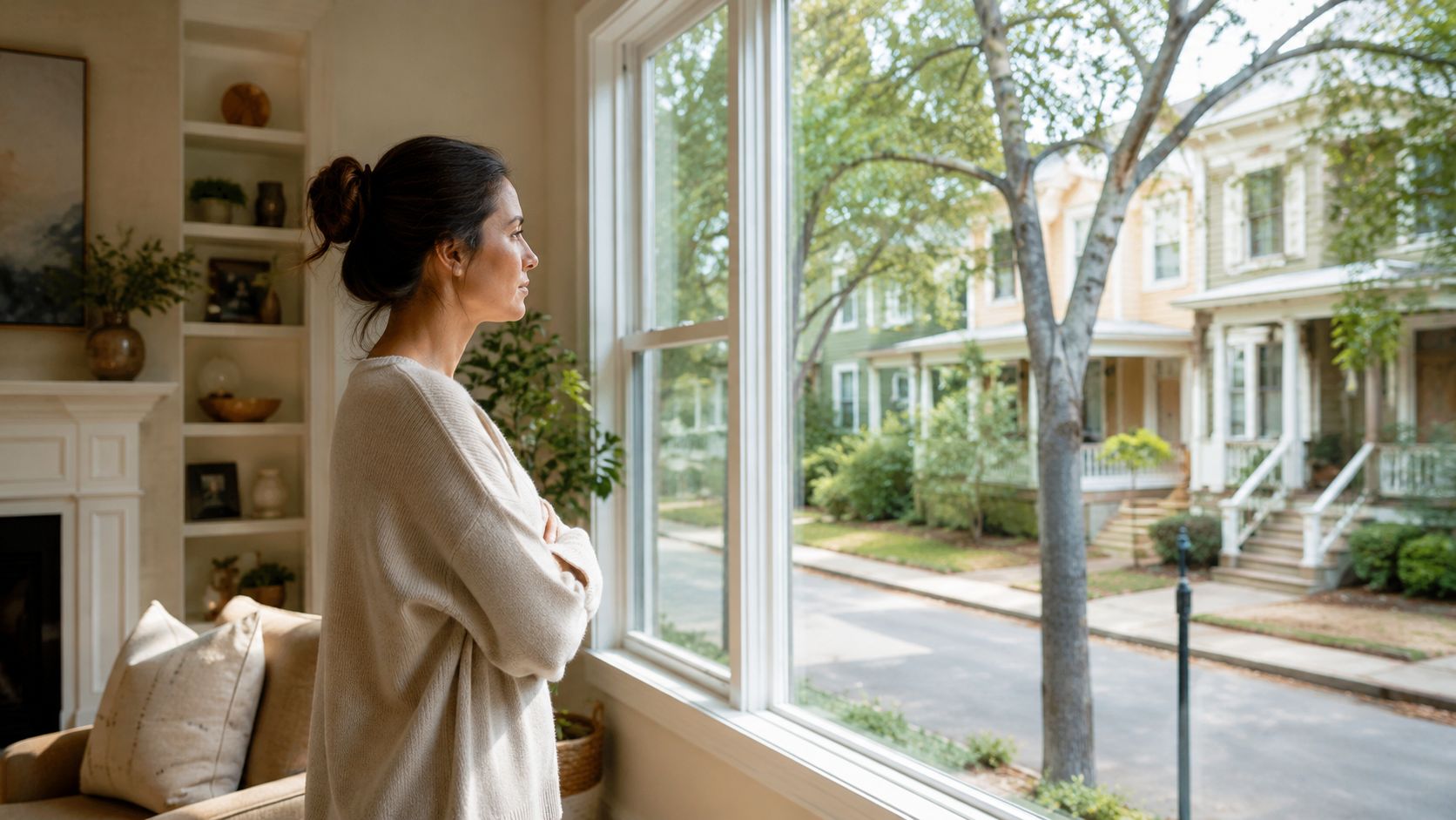 A woman stands by a window looking out at a residential street in the Houston Heights neighborhood.