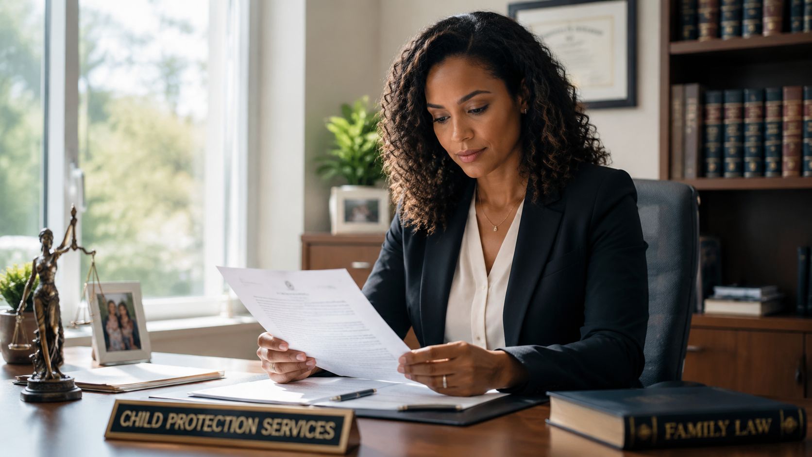 A professional lawyer with curly hair sits at a desk reviewing legal documents in her office.