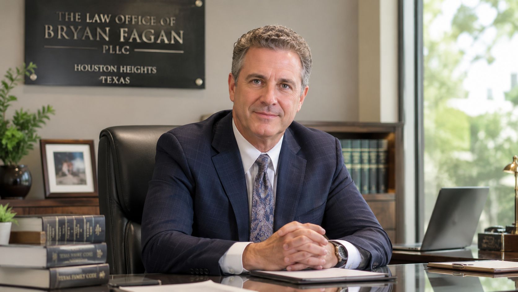 A professional portrait of Houston Heights guardianship lawyer Bryan Fagan sitting at his office desk.