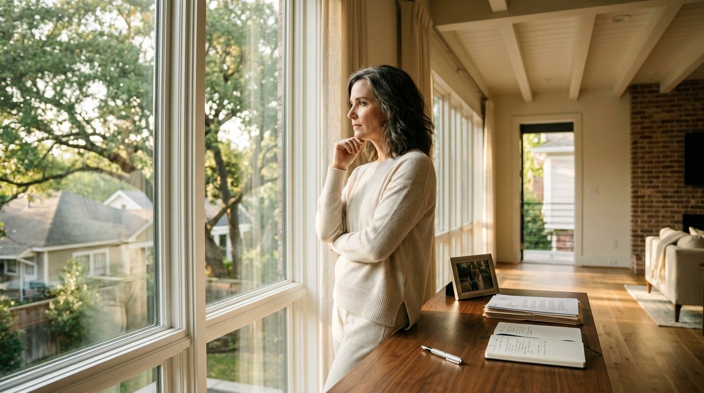 A pensive middle-aged woman looking out of a large window inside a bright and modern home.